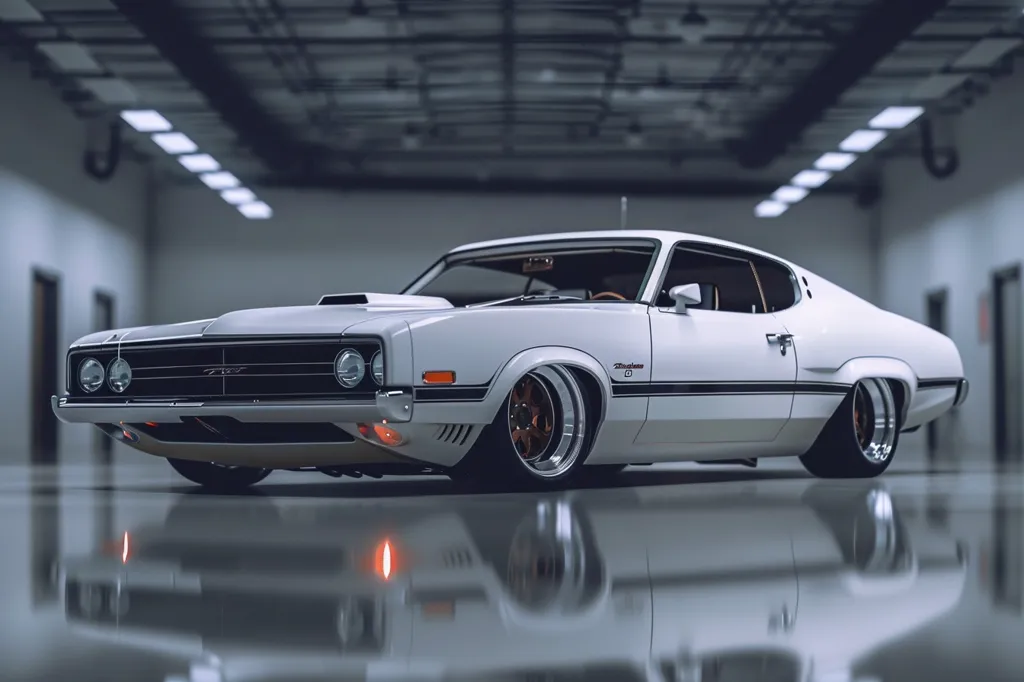 A pristine white 1970s muscle car sits in a pristine, empty garage. The car has a black stripe running along the side and a prominent hood scoop. The car's reflection is visible on the smooth, gray floor. The car is clean and appears to be in perfect condition.