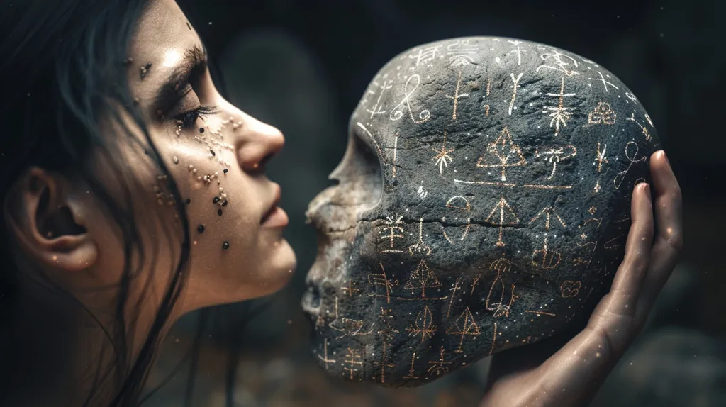 A woman with long, dark hair and glittering makeup gazes intently at a large, round, grey stone. The stone is covered in intricate, white symbols and held by the woman's hand. The image is dark and moody, evoking a sense of mystery and intrigue.