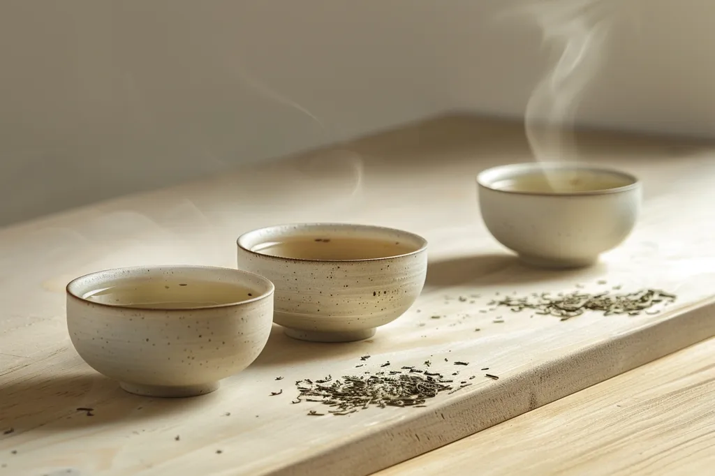 Three small, white ceramic bowls are filled with tea, sitting on a light wood table. Steam rises from one of the bowls, creating a sense of warmth and peace. Scattered tea leaves add a touch of texture and aroma to the scene. The minimalist aesthetic evokes a sense of tranquility and simplicity.