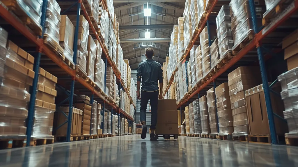 A man in a blue shirt walks down a warehouse aisle, pushing a pallet of boxes. He is surrounded by towering shelves stacked high with shrink-wrapped boxes. The fluorescent lights cast a bright, sterile glow on the concrete floor. The air is thick with the scent of cardboard and dust.