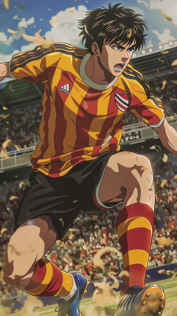 The image features a male anime character in a soccer uniform, running with the ball. He wears a yellow and red striped shirt with "adidas" written on it, black shorts, and matching socks. The background is a blur of a soccer stadium with a cheering crowd. The character has a determined expression on his face as he leaps towards the goal.