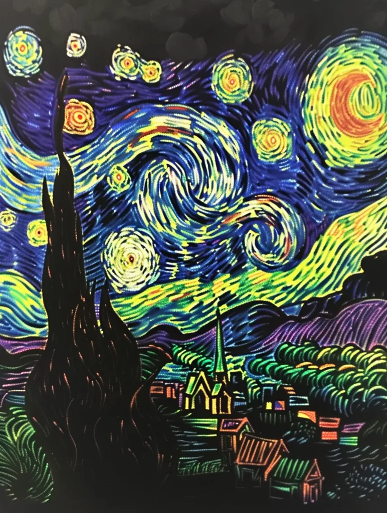 The image is a vibrant, stylized interpretation of Vincent van Gogh's famous painting "Starry Night."  It depicts a swirling night sky with large, luminous stars, a tall cypress tree in the foreground, and a village with a church spire nestled in the hills. The colors are bold and saturated, creating a sense of movement and energy.  The painting is rendered in a scratchboard style, with lines and hatches creating texture and depth.