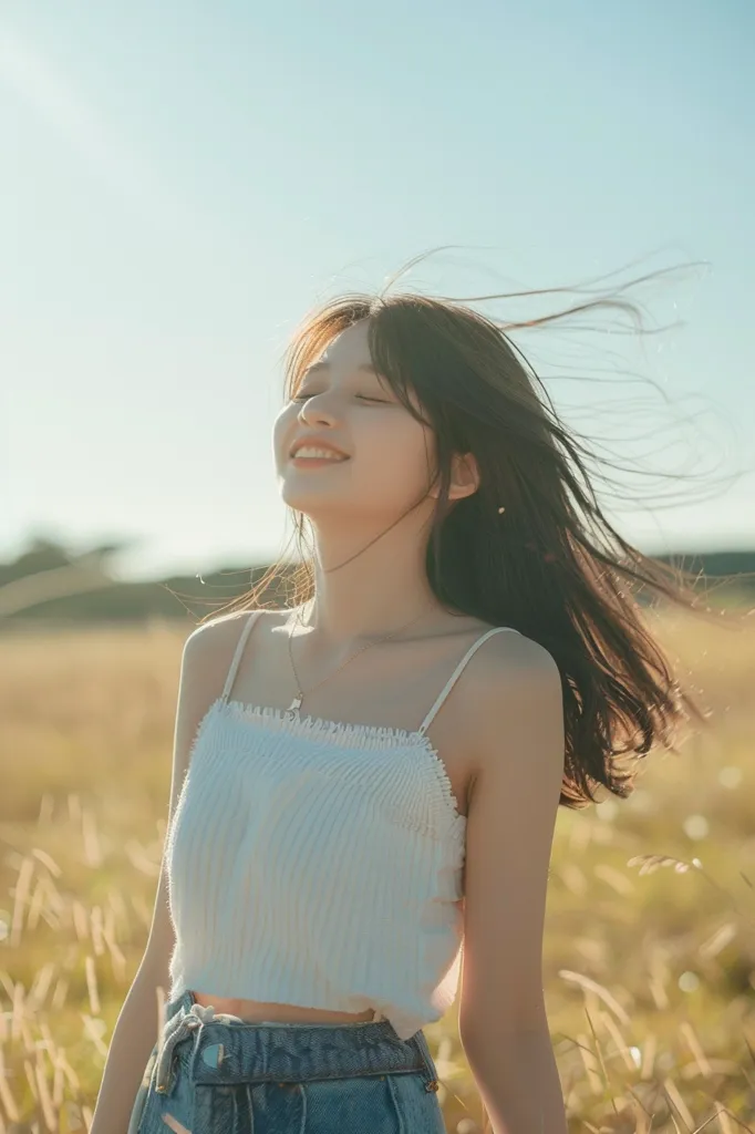 A young woman with long dark hair smiles with her eyes closed, enjoying the warm sun. Her hair flows behind her in the wind. She is wearing a white tank top and denim shorts. She stands in a field of tall grass. The sky is a clear blue, and the sun is shining brightly.  The overall image is one of joy and serenity.