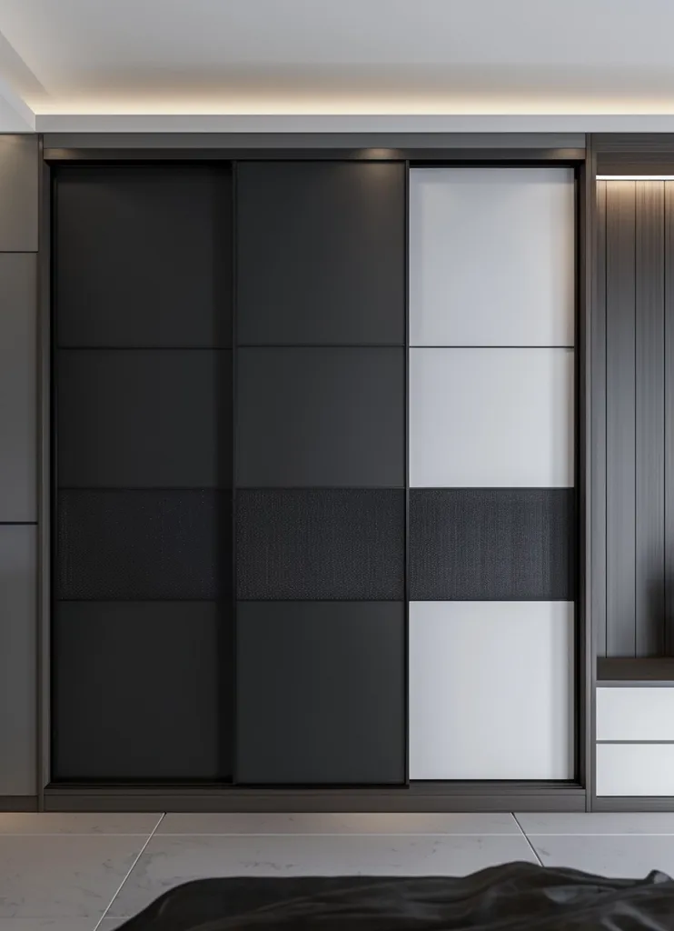 A modern minimalist closet with sliding doors, featuring a black and white color scheme. The closet is built into the wall and has a sleek and contemporary design.  The doors have a horizontal pattern with a textured look, adding a touch of sophistication.  A  bed is in the foreground with a  black bedspread. The closet adds a stylish and functional element to the bedroom.