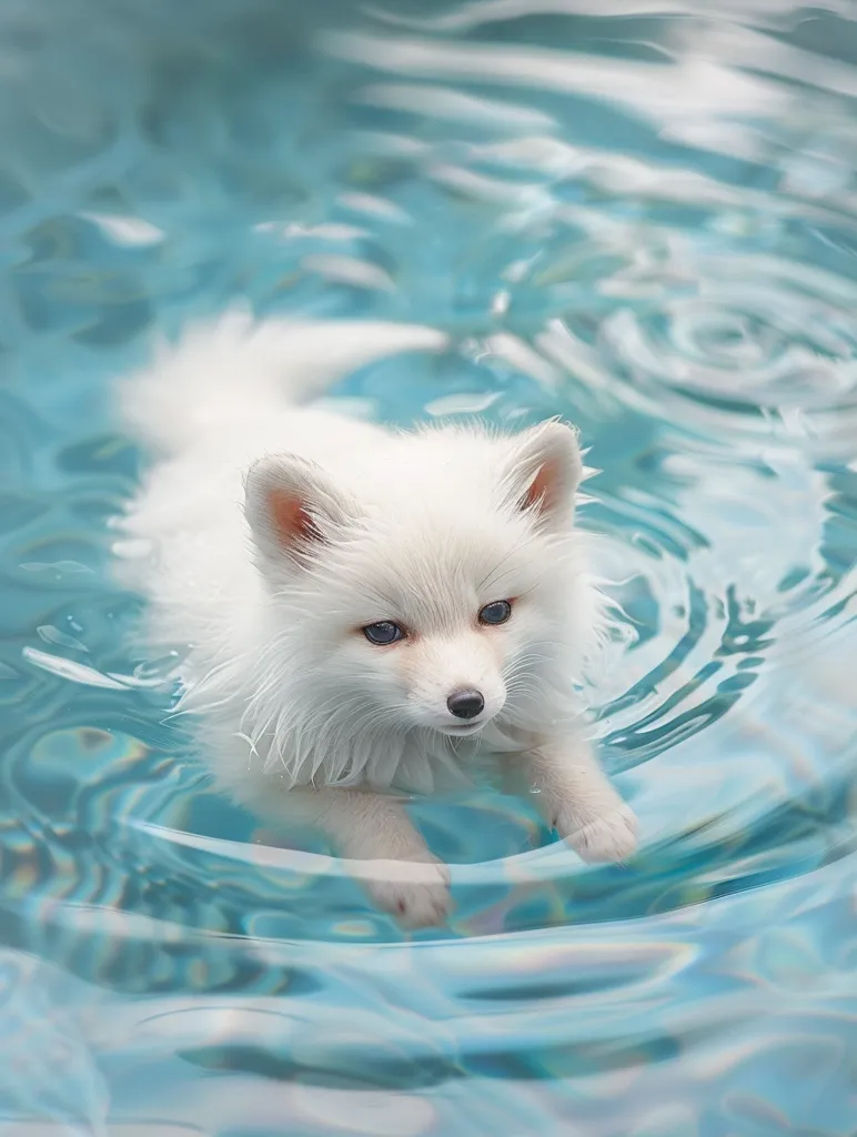 A small, white fox with blue eyes floats in a pool of clear, turquoise water. It is partially submerged, with its head and paws visible above the surface. The fox has a fluffy coat and a serene expression, as it enjoys its swim. The water ripples gently around it, creating a tranquil scene.
