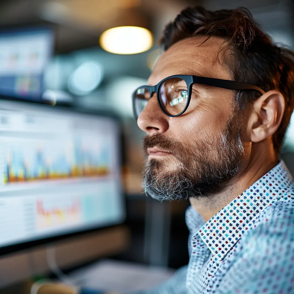 A man with a beard and glasses looks thoughtfully at a computer screen. The screen shows a graph or data visualization. The man is wearing a patterned shirt and sitting at his desk in a dimly lit office. He appears focused and contemplative as he analyzes the information displayed on the screen.