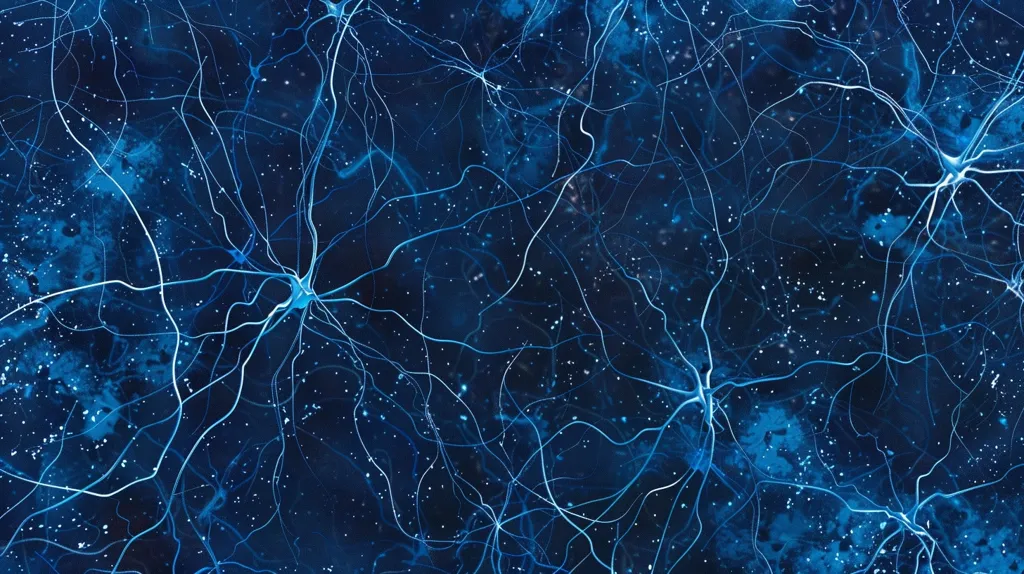 The image shows a network of white, glowing lines on a dark blue background. The lines resemble neurons, suggesting the interconnectedness of the brain or a complex system. The background has a subtle texture, possibly representing a starry sky or a microscopic view of a biological structure. The overall effect is a mesmerizing and abstract representation of connectivity.