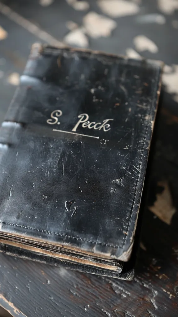 The image shows an old, black, leather-bound book. It lies open on a wooden table. The book's cover is worn and has a faded, silver inscription reading "S. Pecke". The pages are visible, suggesting a book filled with memories. The dark background creates a sense of nostalgia and history.