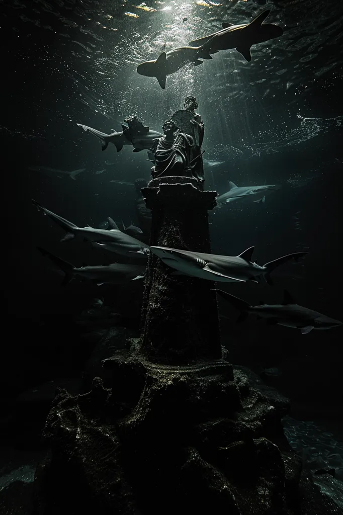 A dark, shadowy image of an underwater scene.  A large, looming statue, silhouetted by light filtering through the water, stands on a rocky outcrop.  Several sharks swim around the statue, some of them silhouetted, others caught in a beam of light. The scene is mysterious and slightly eerie.