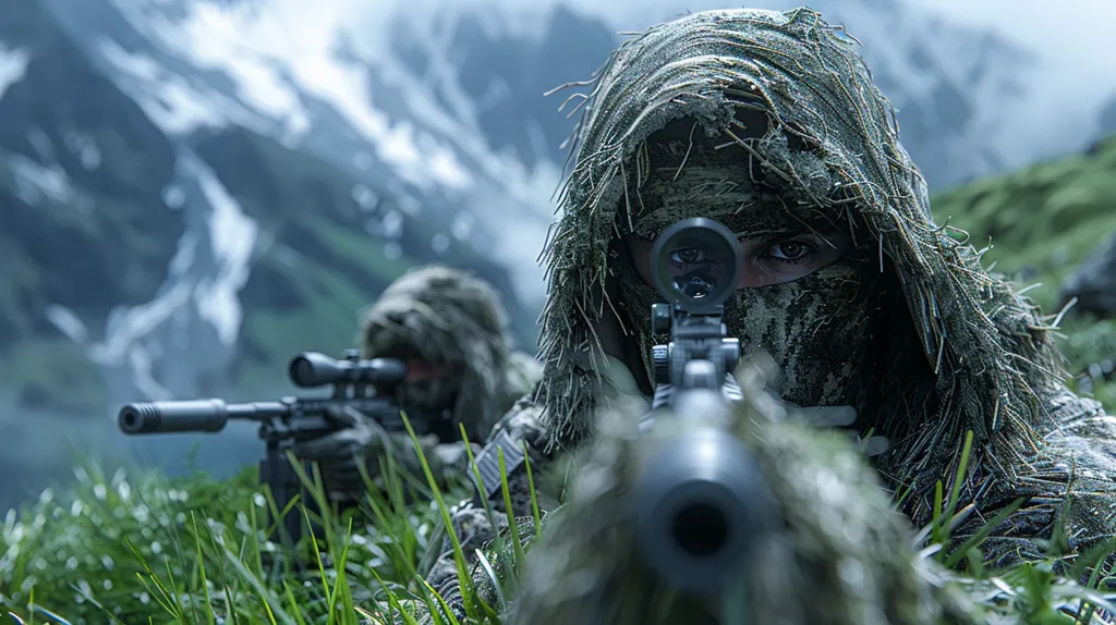 A camouflaged soldier is aiming a rifle through the scope. His face is partially hidden behind a ghillie suit and a balaclava. Another soldier is partially visible in the background. They are in a grassy field with a snowy mountain range in the distance. The image is a close-up on the soldier's face and rifle. The focus is sharp on the rifle and scope, and the background is blurred. The overall effect is one of tension and anticipation.