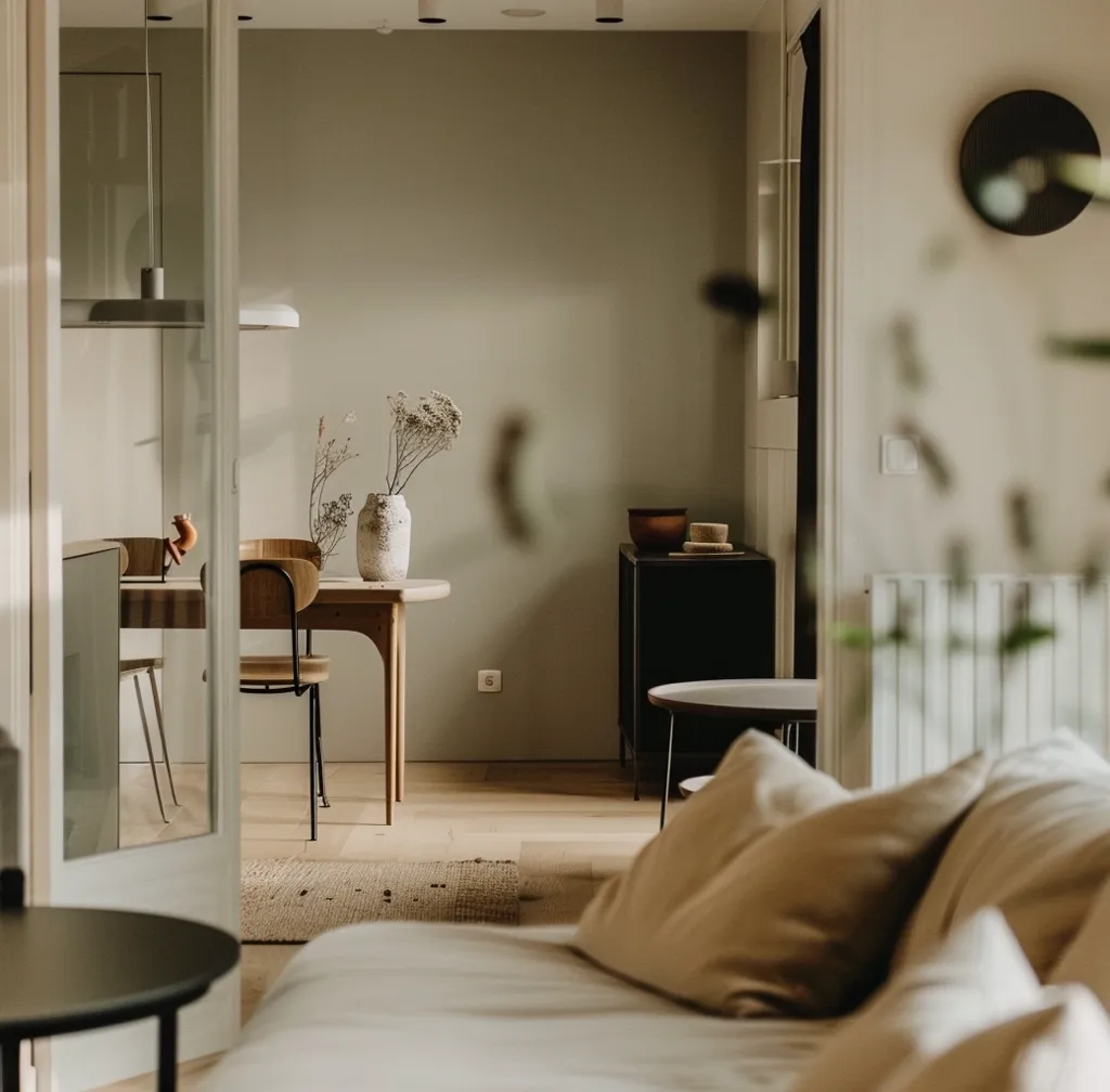 A modern and minimalist living space with soft neutral colors and natural light.  A couch with plush pillows sits in the foreground, with a small table to the left. The background reveals a dining table with chairs, a vase with dried flowers, and a cabinet. The room's simplicity creates a peaceful and inviting atmosphere.