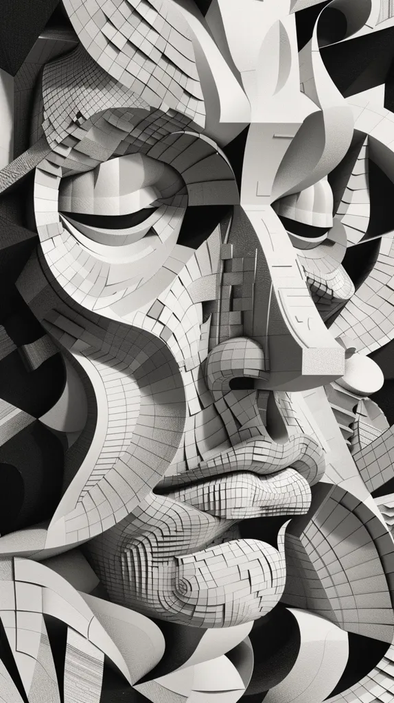 The image is a close-up of a 3D rendering of a face. It's made up of small squares and cubes, giving it a blocky, abstract appearance. The face is partially obscured by the geometric forms, leaving only the eyes, nose, and mouth visible. The piece is monochrome, with shades of grey dominating the image. The overall effect is one of modern art, with a focus on shape and form.