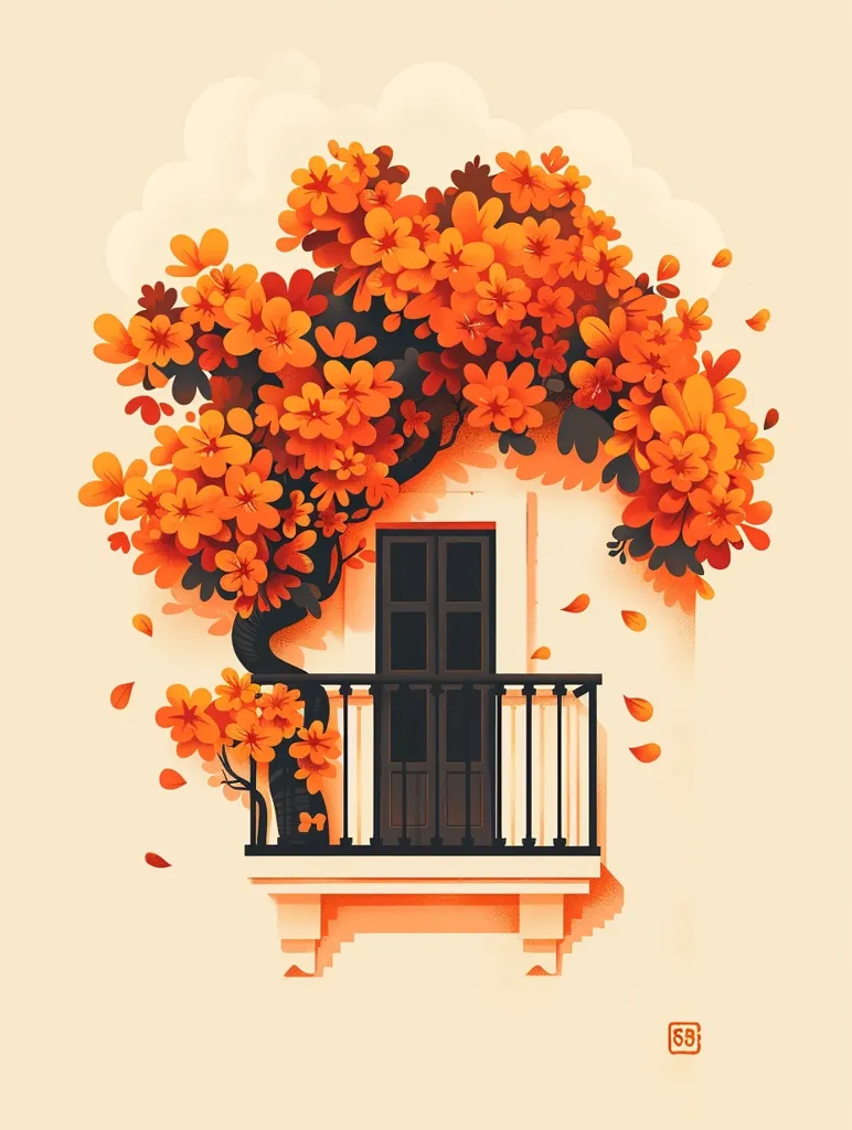 A balcony with a black door and railing is adorned with a vibrant orange flowering vine. The vine's branches extend beyond the balcony, creating a canopy of color. Scattered orange petals drift through the air, adding a sense of romanticism. The scene is rendered in a whimsical, illustrative style, with a soft, creamy background.  The entire image evokes a sense of warmth and beauty.