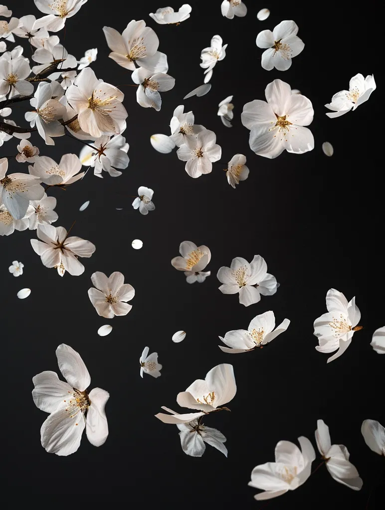 Delicate white cherry blossoms with golden centers float against a black background, creating a sense of ethereal beauty and gentle movement. Some petals are scattered around the blooms, adding to the airy and romantic feel. The image evokes a feeling of spring, new beginnings, and the fleeting nature of beauty.
