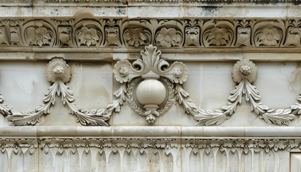 The image shows a close-up of an intricately carved stone cornice. The cornice is adorned with a series of repeating patterns, including floral motifs, leaves, and a central urn-shaped element. The carving is detailed and realistic, giving the impression of depth and texture. The stone is weathered, with a pale, almost off-white color. The cornice appears to be part of a larger architectural structure, possibly a building or monument.