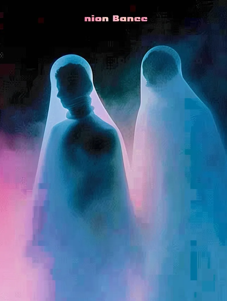 The image shows two figures, a male and a female, shrouded in a blue and purple glow. The figures are positioned side by side, their faces obscured by the light, creating a sense of mystery and enigma. A pixelated text in pink "nion Bance" is superimposed on the image. The overall effect is ethereal and dreamlike, suggesting a connection between the two individuals.