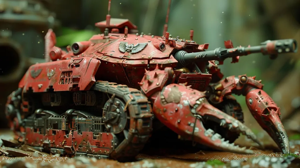 A heavily armored, red and black tank-like vehicle with a large cannon mounted on top. The vehicle appears to be made of metal and has a rusted and weathered appearance.  It has a pair of large, clawed arms on the front and is resting on the ground, its cannon pointing to the right.  The tank is surrounded by dirt and debris, suggesting a battle scene.  The background is blurred and indistinct.