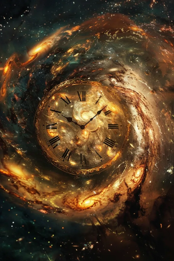 A large, ornate clock face with Roman numerals is positioned against a swirling, cosmic backdrop. The clock face is partially obscured by a swirling galaxy, creating a sense of time's relentless flow and the vastness of the universe.  The image evokes themes of time, eternity, and the mysteries of the cosmos.