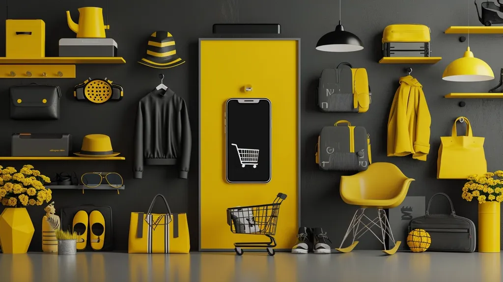 The image shows a minimalist interior with a bright yellow and black colour scheme. A large smartphone with a shopping cart icon is displayed against a yellow wall. There are various yellow objects such as bags, hats, shoes and a rocking chair. Black objects like suitcases, bags and a jacket add a touch of contrast. There is a shopping cart in front of the phone, completing the scene.
