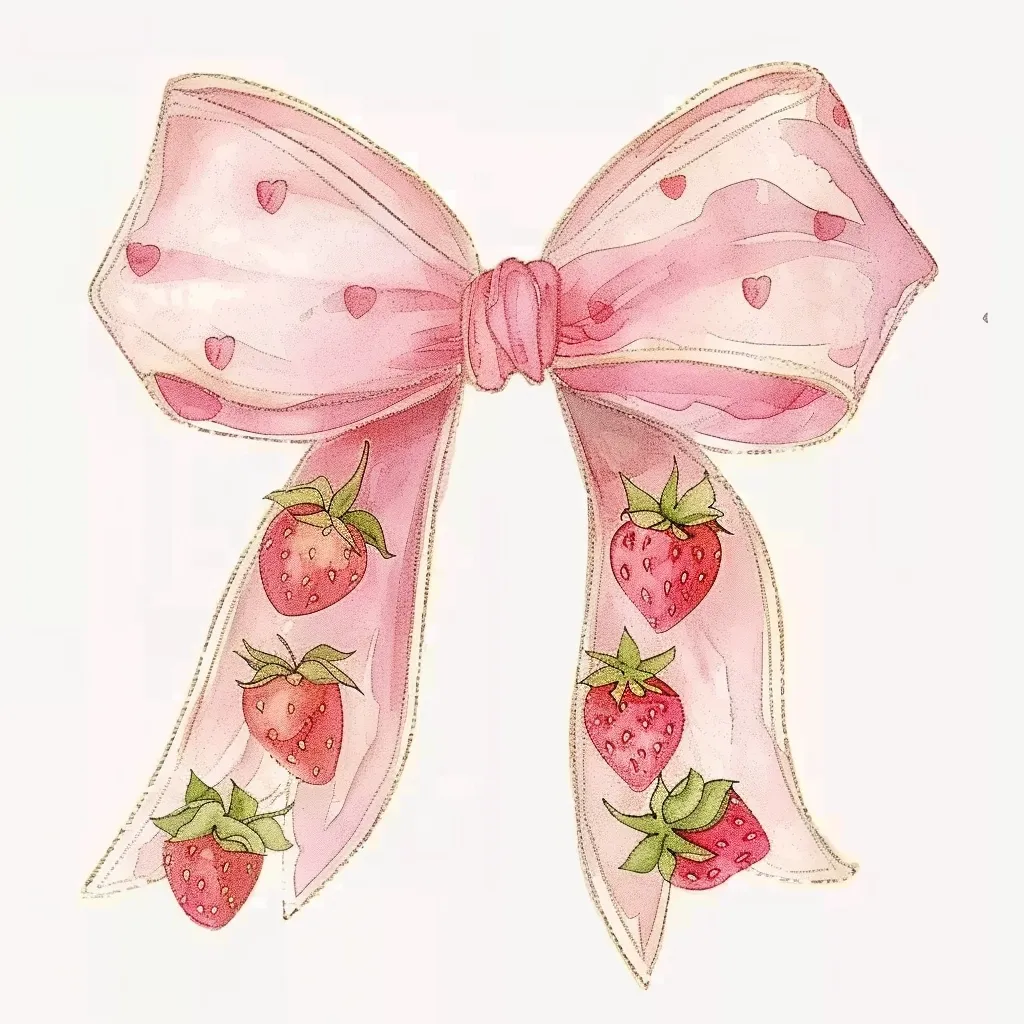 A large pink bow with a delicate, shimmery gold outline. The bow is decorated with small white hearts and has five red strawberries hanging from it. The image is painted in a watercolor style.