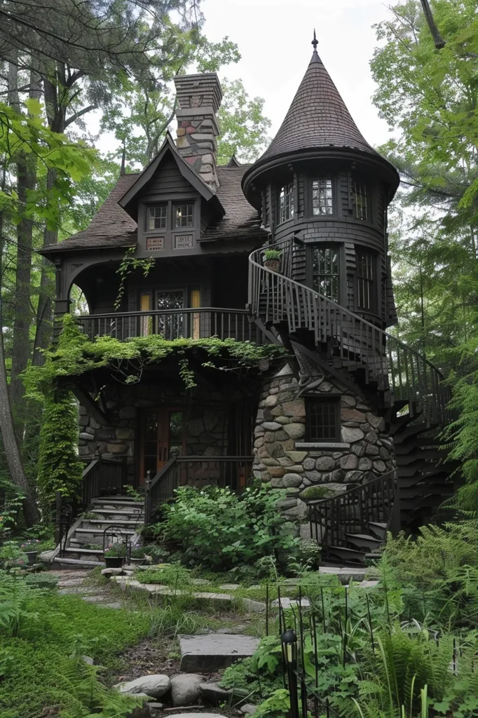A dark, wooden, fairytale-esque house with a pointed roof and a spiral staircase wrapping around it sits nestled in a lush, green forest. The stone foundation and surrounding greenery create a whimsical and mysterious atmosphere. The house has a balcony and a stone chimney, adding to its charm. The image evokes a sense of enchantment and escape.