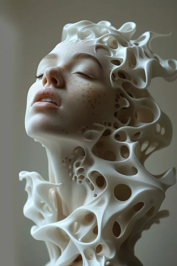 The image depicts a person's head and neck adorned with a complex, organic-looking structure. The structure is made of white, porous material, resembling a honeycomb or coral. It covers the person's face, leaving only their eyes and mouth visible. The eyes are closed, and the mouth is slightly open, suggesting a state of serenity or contemplation. The overall effect is both intriguing and unsettling, evoking a sense of the mysterious and the unknown. The image could be interpreted as a metaphor for the complex nature of the human psyche, the fragility of the human form, or the beauty of imperfection.