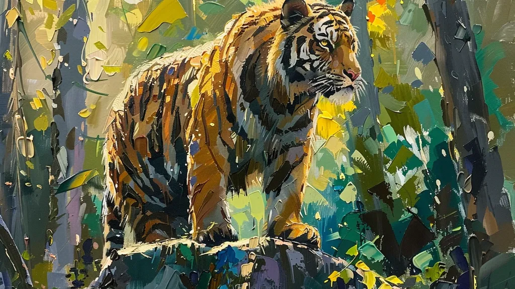The painting depicts a tiger standing on a rock in a dense, colorful jungle. The tiger is the focal point, with its stripes and powerful stance highlighted by the dappled sunlight filtering through the foliage. The background is a blur of green, yellow, and blue hues, suggesting a lush and vibrant ecosystem. The artist uses thick brushstrokes to create a textured surface, adding to the feeling of energy and movement in the scene.