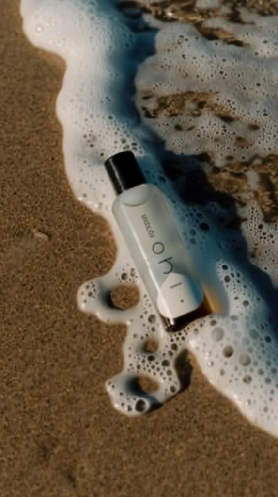 A white bottle of "OH!  erakoi" perfume is nestled in foamy white waves on a sandy beach. The bottle is lying on its side, partially submerged in the frothy water. The sand beneath the foam is a light brown color.  The image creates a sense of peace and tranquility.