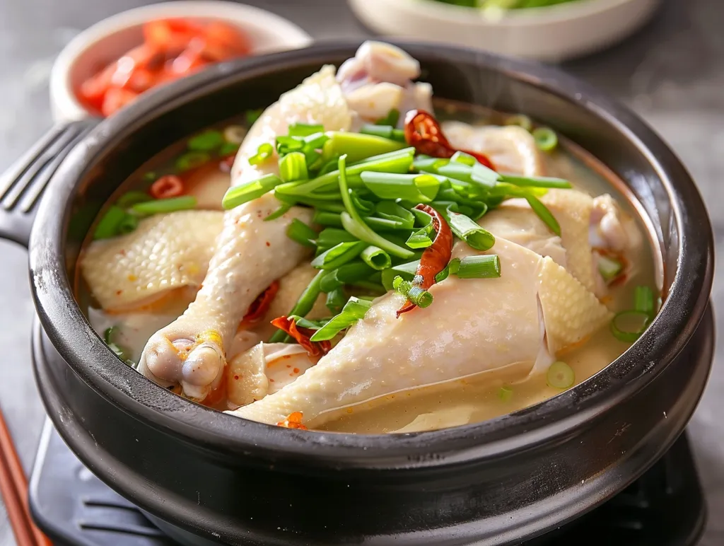 A steaming bowl of chicken soup with scallions and red pepper flakes sits on a black surface. The soup is in a dark brown earthenware bowl. A small white bowl with red peppers can be seen in the background, suggesting that the soup is a Korean dish. The image evokes a sense of warmth, comfort, and a delicious meal.