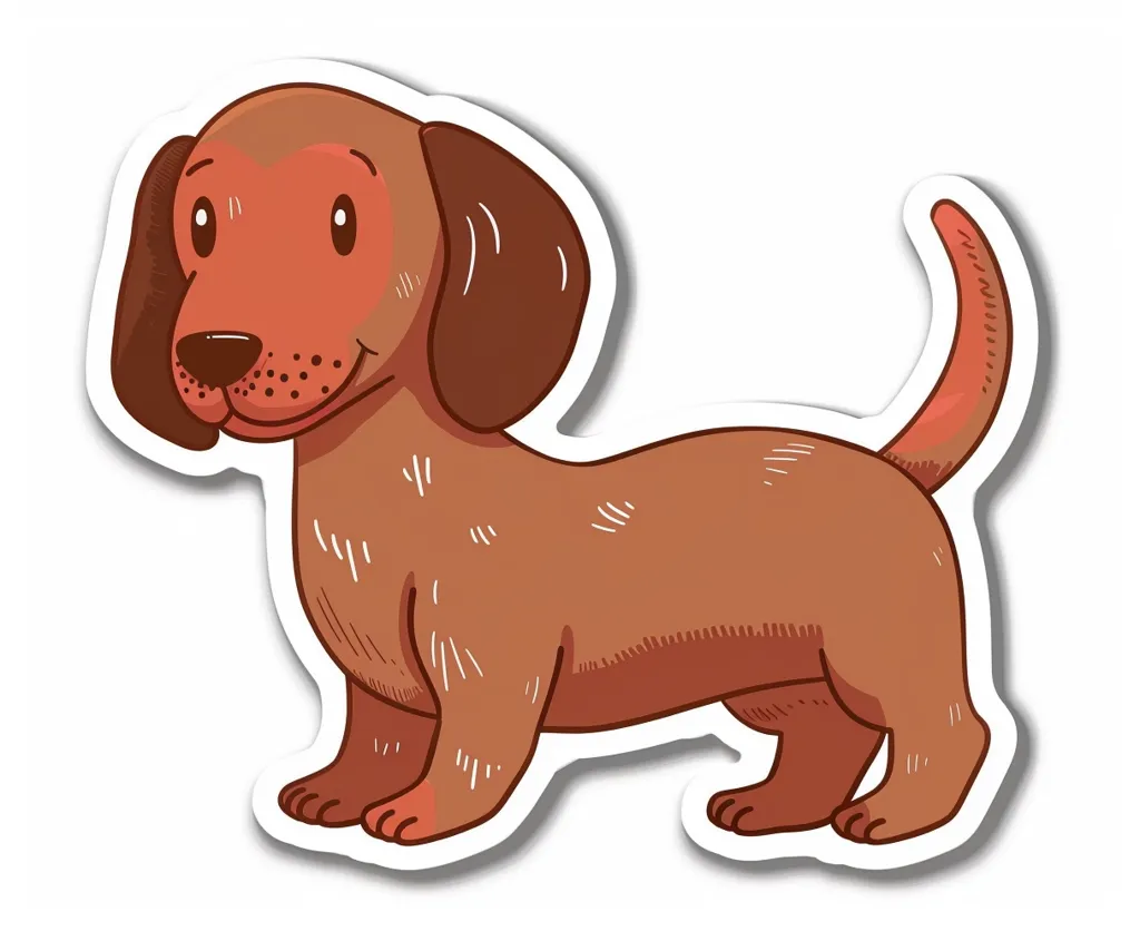 The image is a cartoon sticker of a brown dachshund. The dog has a long, thin body, short legs, and a long tail. It is looking at the viewer with a friendly expression. The sticker has a white background and a shadow effect. The dog is drawn in a simple, childlike style.  The sticker has a rounded outline.