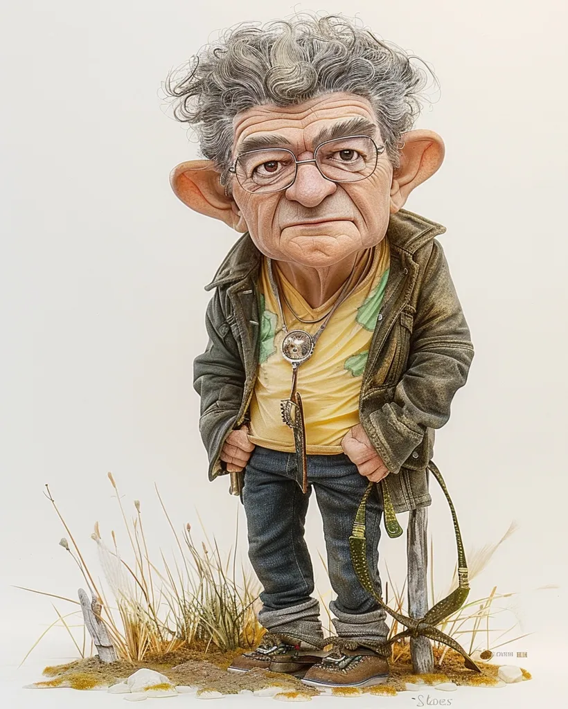 A caricature of a man with large ears, glasses, and a leather jacket stands in a grassy area. He is wearing a yellow shirt with a green pattern and jeans. He has a serious expression on his face. The image is rendered in a hyperrealistic style.  The man is holding a leather strap in his right hand.  There is a weathered post sticking up from the ground in front of him.  The background is a white, plain wall.