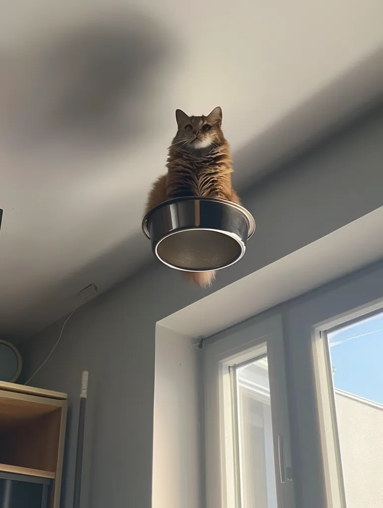 A ginger cat sits inside a stainless steel bowl, suspended from the ceiling. The cat looks directly at the camera with an inquisitive expression. The room is simply decorated, with a window allowing natural light to flood in. The cat's unconventional perch creates a humorous and unexpected scene.