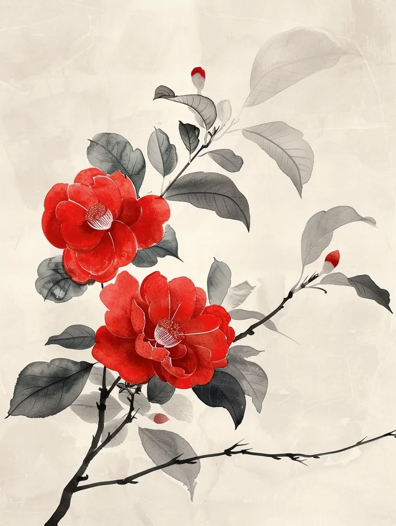 A delicate watercolor painting depicts two vibrant red camellia blossoms on a branch with gray-green leaves, set against a soft cream background. The flowers are rendered with meticulous detail, their petals unfurling gracefully. The brushstrokes are loose and flowing, capturing the essence of nature's beauty. The painting exudes a sense of tranquility and elegance, evoking a serene and peaceful atmosphere.