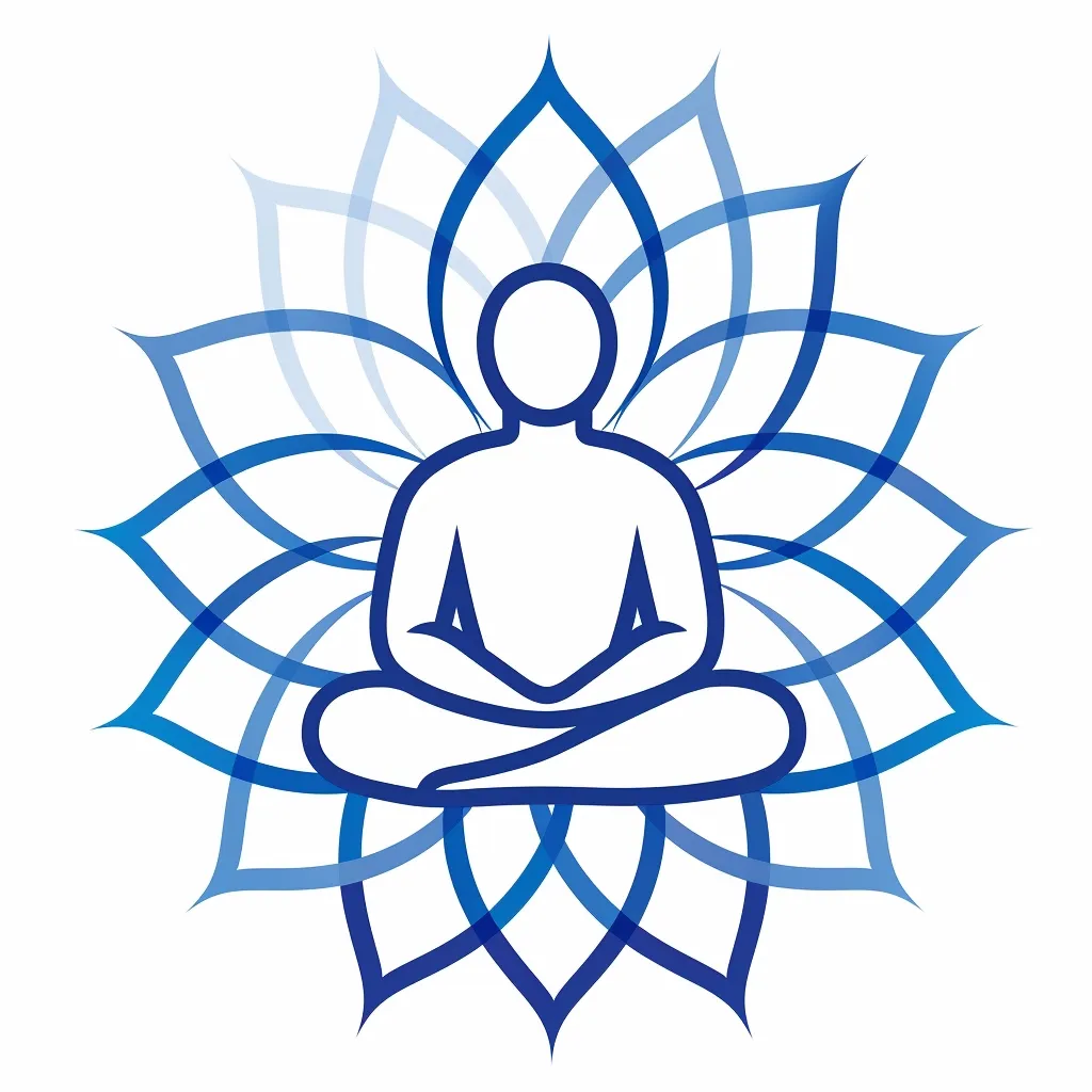 A stylized image of a person sitting in a meditative pose, surrounded by a circular pattern of overlapping lotus flowers in shades of blue. The person is outlined in a solid blue, while the flowers are filled with varying shades of blue, creating a sense of depth and tranquility. The image evokes a sense of peace, inner balance, and spiritual enlightenment.