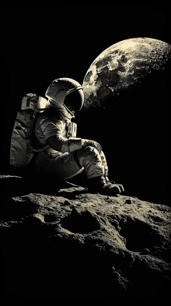 The image depicts a lone astronaut sitting on a desolate, cratered surface. He is gazing upwards at a large, partially illuminated moon. The astronaut's figure is small in comparison to the vastness of space. The image is in black and white, emphasizing the starkness of the lunar landscape and the astronaut's isolation. The image evokes a sense of wonder, solitude, and the human spirit's desire to explore the unknown.