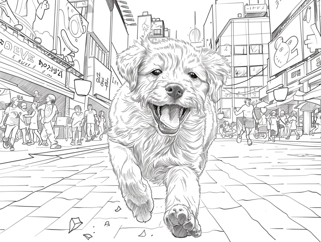 The image depicts a furry dog running down a busy street. The dog is in focus, while the people and buildings in the background are blurred. The dog is smiling and has its tongue out. The street is lined with buildings, and there are people walking by. The image is drawn in black and white. The style of the image is reminiscent of manga art.  There are multiple signs in the background with foreign text.  The image makes you feel happy and energetic.