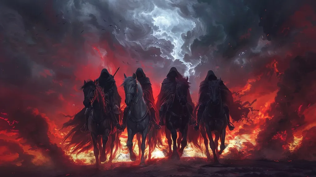 Four figures, cloaked in black, ride black horses through a fiery, apocalyptic landscape. The sky is filled with dark, ominous clouds, lit by flashes of red and orange. The riders appear to be approaching a fiery horizon, their faces obscured by their hoods. The image evokes a sense of dread and impending doom.