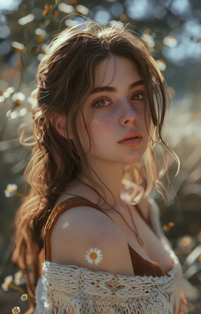 A young woman with long brown hair and freckles looks directly at the camera. Her hair is pulled back from her face, revealing her delicate features and hazel eyes. She is wearing a brown tank top and a white knitted cardigan. A single daisy is perched on her shoulder, adding a touch of whimsy to the image. The background is blurred, creating a soft and ethereal feel. The overall tone of the image is gentle and serene.