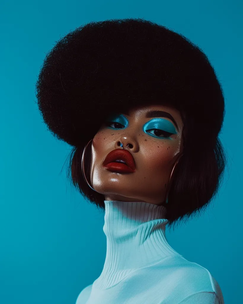 A woman with large, dark afro hair and bright blue eyeshadow is captured in close-up. Her piercing gaze and full red lips are accentuated against the stark blue background. She wears a white turtleneck, and a silver hoop earring hangs from her ear. The image is a study in contrast and bold beauty.