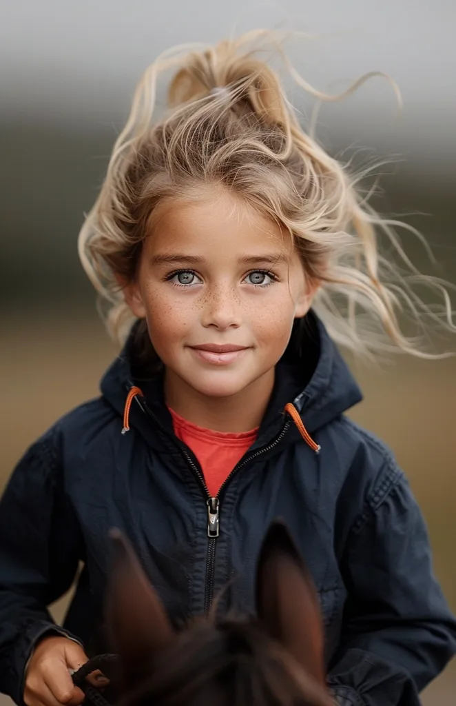 A young girl with long blonde hair and blue eyes smiles at the camera. She is wearing a blue jacket with an orange zipper and a red shirt. She is standing in front of a horse, but only the horse's ears are visible in the image.  She has freckles on her nose and cheeks. The background is blurry, with a muted color palette.  The photo is taken from a close-up perspective.