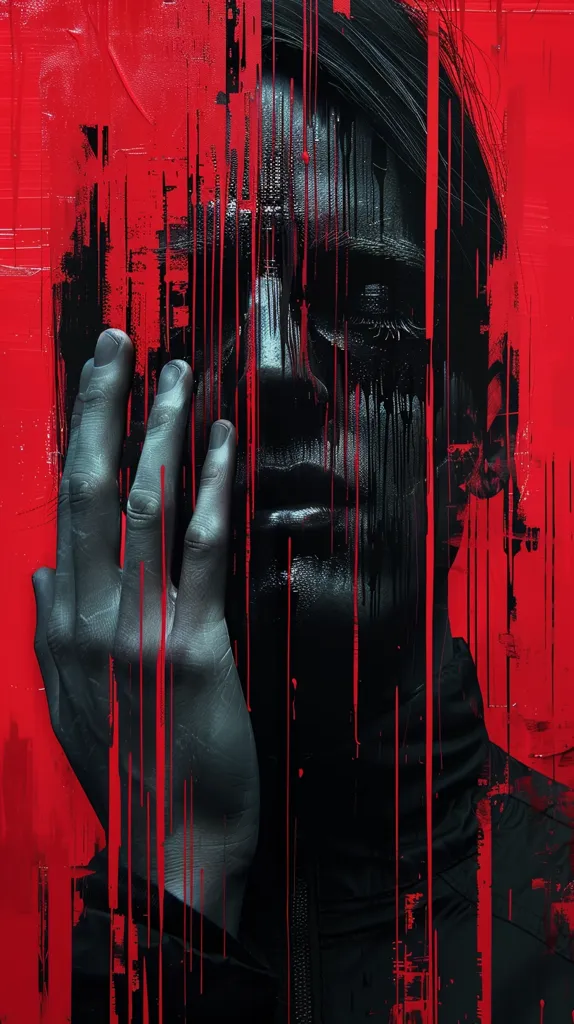 A close-up portrait of a person with black hair and a black jacket, their face obscured by shadows and streaks of black paint. Their hand is raised, covering part of their face. The background is a stark red with vertical lines of black paint. The image has a dark and mysterious feel.