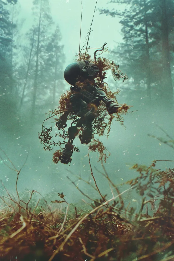 A mysterious, skeletal figure hangs suspended in the air amidst a hazy forest. It's covered in foliage, giving it an otherworldly appearance. The figure's metallic parts are visible, suggesting a machine or robot. The image has a dreamlike quality, leaving the viewer to ponder its origins and purpose.