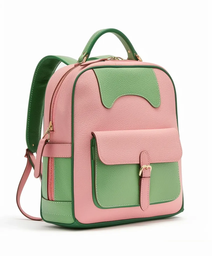 The image shows a pink and green leather backpack. The main body of the backpack is pink, with a large green pocket on the front. The backpack has a top handle, adjustable straps, and a buckle closure on the front pocket. The bag is sitting on a white background.
