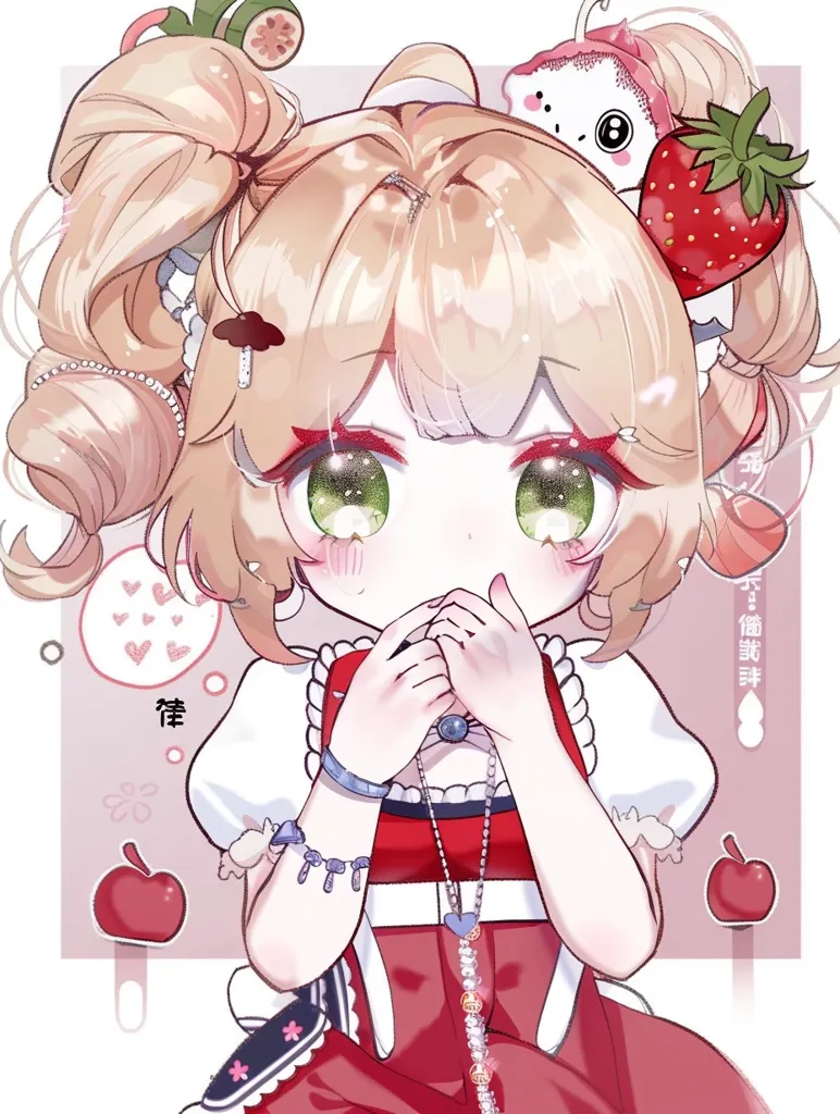 A young girl with blonde pigtails and large green eyes is shown in a close-up shot. She is wearing a white and red dress with a blue and white apron, and is holding her hands together in front of her face. She has a strawberry in her hair, a necklace, and a bracelet. Pink hearts, a pink apple, and other symbols are in the background.  The girl has a soft, innocent expression.  She appears to be shy and delicate.