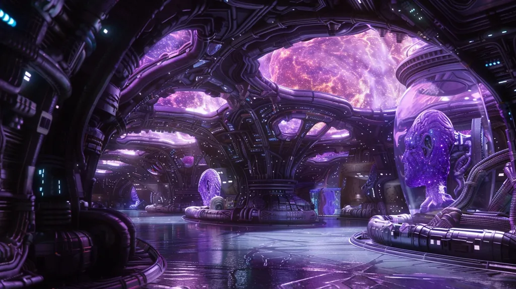 The image depicts a futuristic, otherworldly chamber with intricate, biomechanical architecture.  Purple and blue lights illuminate the cavernous space, highlighting complex metalwork and a network of pipes. A large, iridescent sphere resembling a celestial body hangs overhead, while a crystalline head, possibly alien in nature, is encased within a glass dome. The room exudes a sense of wonder and mystery, suggesting a technologically advanced civilization.