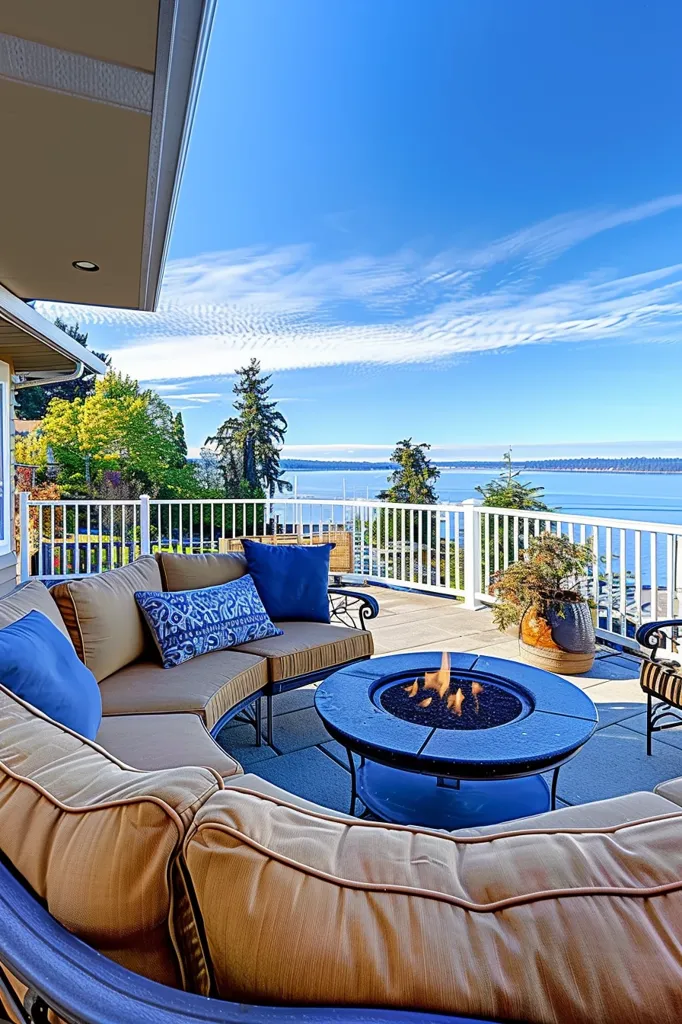 A patio with a fire pit and seating overlooks a vast body of water, likely an ocean or a large lake. The patio is furnished with comfortable-looking tan-colored couches with blue pillows and a round fire pit table. The sky is a clear blue, with wispy white clouds and the horizon line in the distance. The patio is surrounded by white railings and green foliage, creating a serene and relaxing atmosphere.