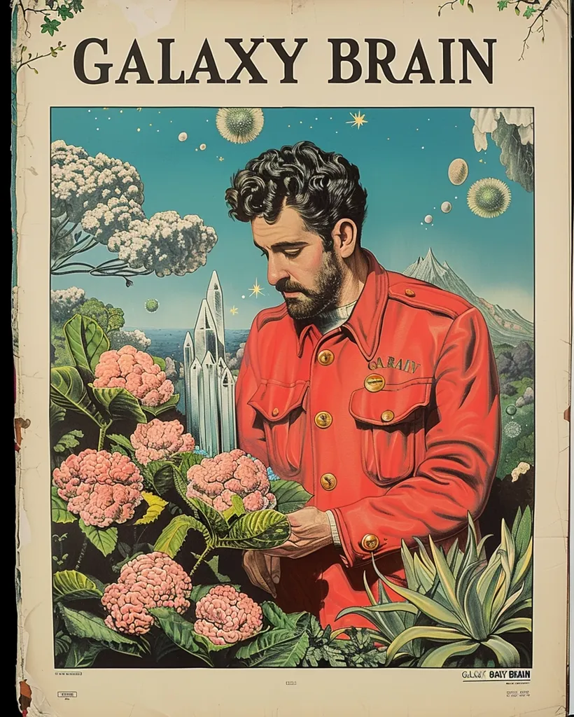 A man with curly dark hair and a beard is wearing a red jacket and standing in a garden with large, pink flowers. The sky is blue and filled with stars and floating orbs. The words "Galaxy Brain" are printed in large letters across the top of the image.  The image is a stylized illustration, likely from a record cover or album artwork.  It appears to be promoting or representing a musical artist or band.
