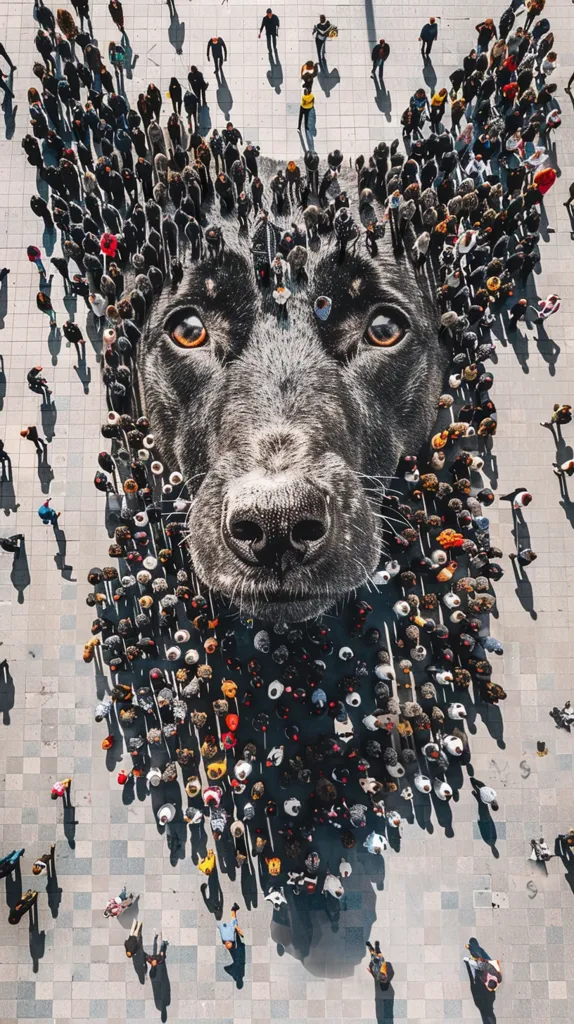 An aerial view of a large crowd of people standing in a public square, arranged to form the shape of a dog's head. The dog's face is large and detailed, with its eyes, nose, and mouth clearly visible. The people are scattered throughout the square, creating a unique and impressive piece of public art. The image is striking in its scale and artistry, showcasing the power of human collaboration and creativity.