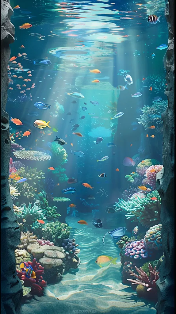 A vibrant underwater scene with coral reefs and a variety of colorful fish. Sunbeams pierce through the surface, illuminating the turquoise water. The seabed is a mix of sand and coral formations, with a diverse ecosystem thriving. The image evokes a sense of tranquility and beauty found beneath the waves.