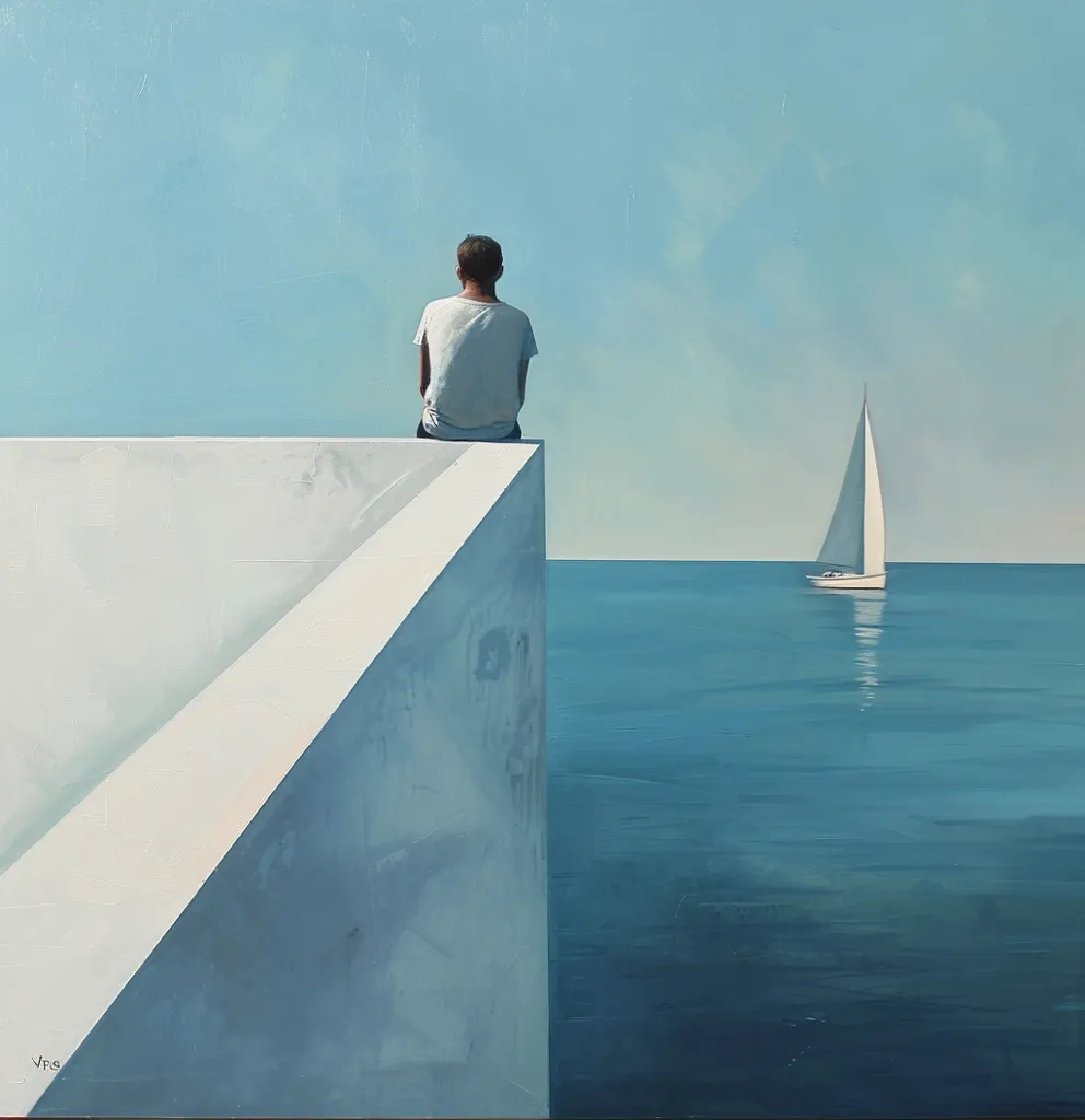 A lone figure in a white shirt sits on the edge of a concrete platform, looking out at a sailboat sailing across a vast blue sea under a clear, light blue sky. The scene is minimalist, with a sense of solitude and contemplation. The sharp lines of the platform contrast with the soft curves of the water and the sailboat, creating a feeling of calm and serenity.